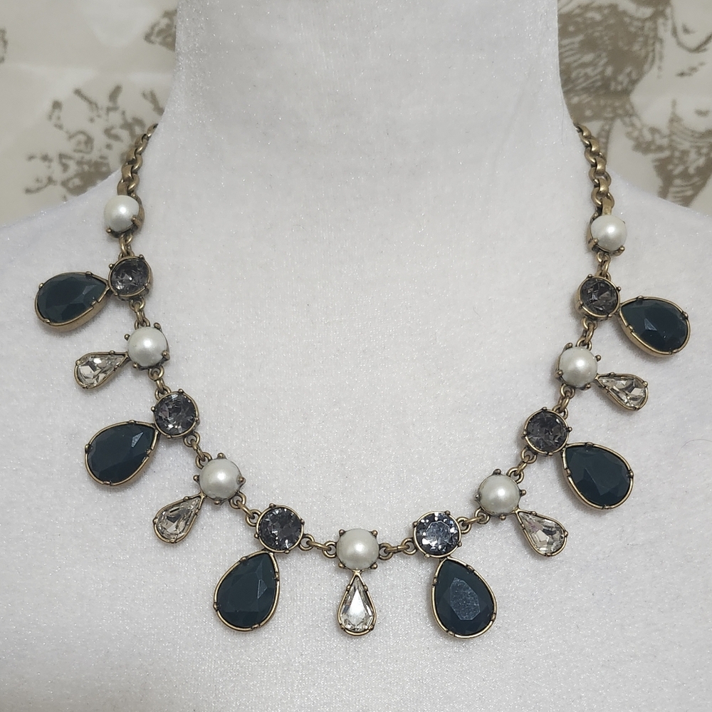 J. Crew Statment Bib Necklace Forest Green Brown Teardrop Stones Gold Tone